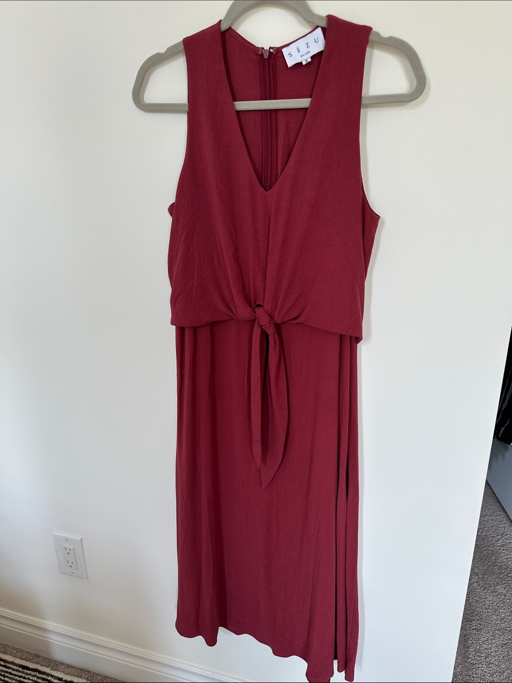 Sleeveless Dusty Red Tie-Front Midi Dress